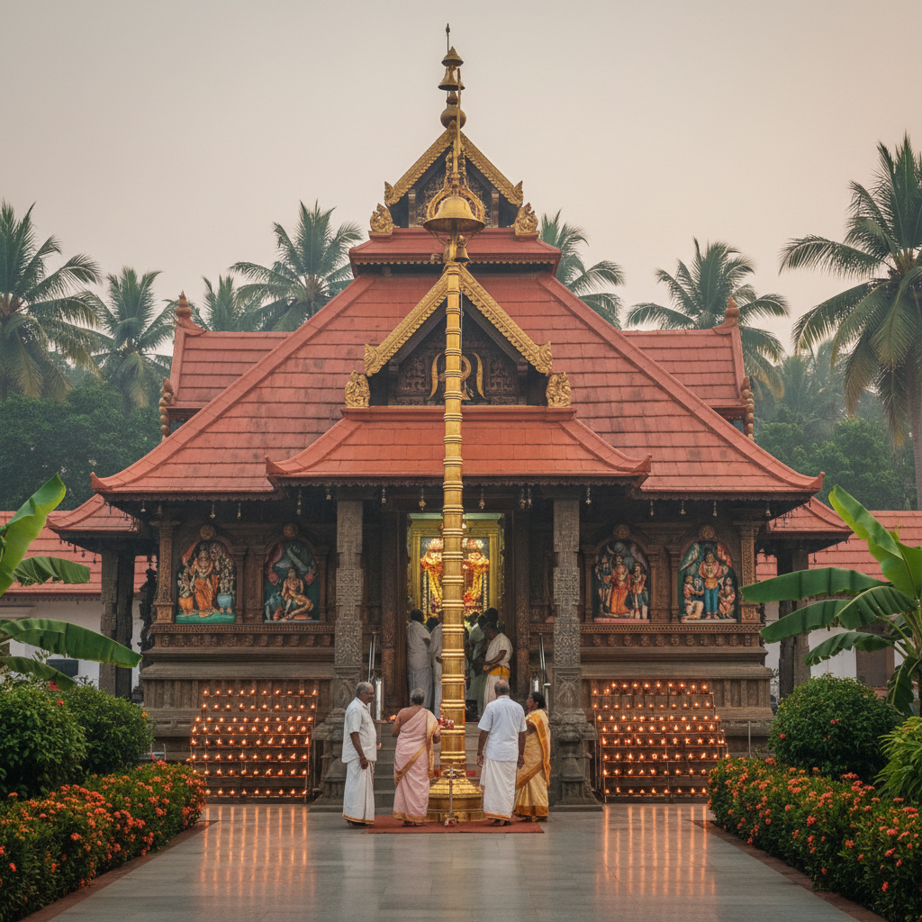 Guruvayur Sri Krishna temple entrance with traditional Kerala architecture and oil lamps glowing at dusk