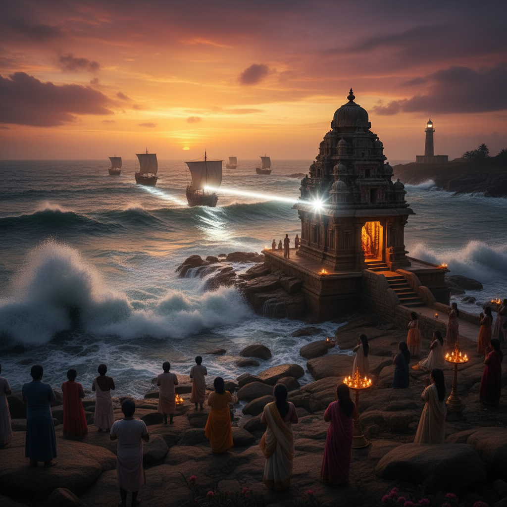 Kanya Kumari Devi Temple at the southernmost tip of India with the goddess adorned with a diamond nose ring radiating light across the three seas where Arabian Sea, Bay of Bengal and Indian Ocean meet, with ancient sailing ships navigating through the divine rays at dusk