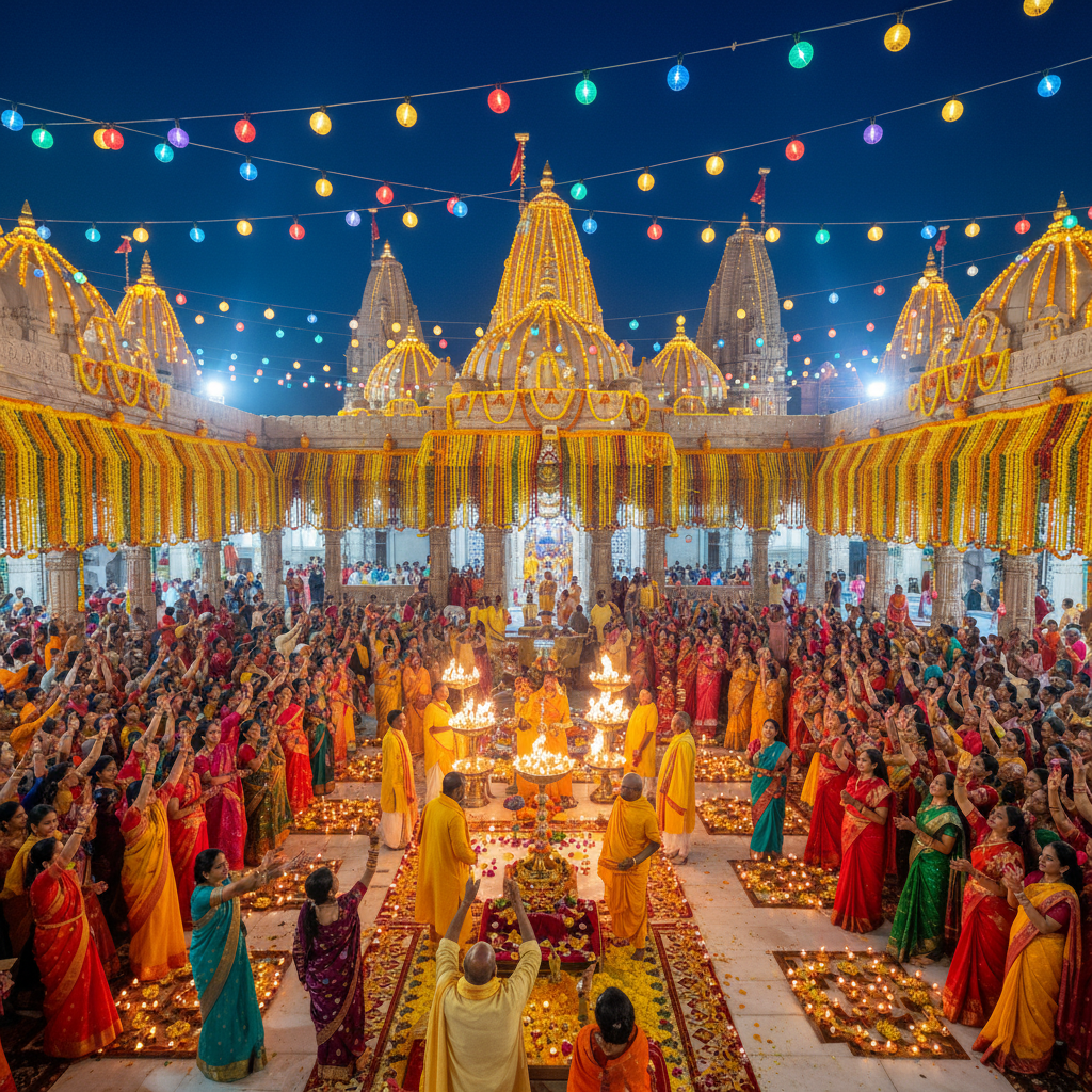 Krishna Janmashtami festival at Mathura with devotees celebrating amid marigold decorations and oil lamps illuminating the temple courtyard at night