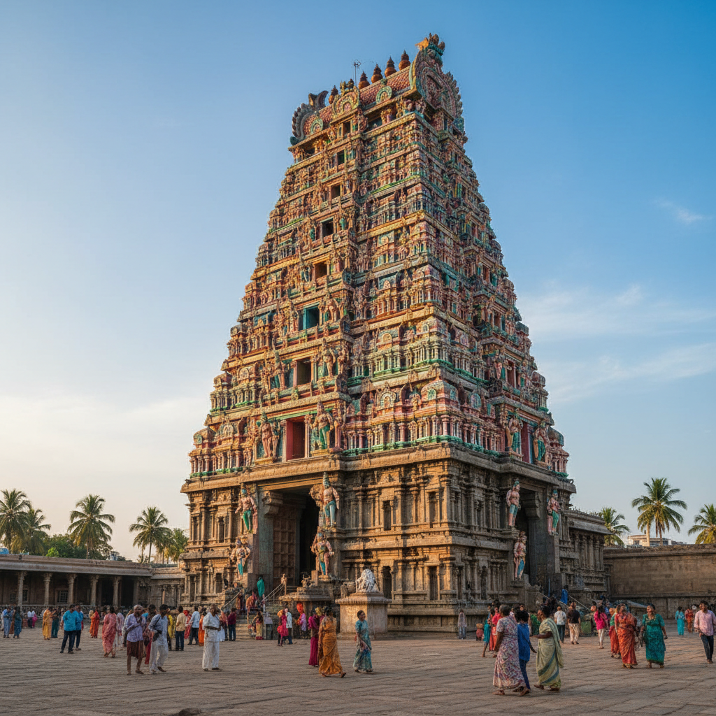 Madurai Meenakshi Amman Temple towering gopuram covered in thousands of colourful stucco sculptures against a blue sky