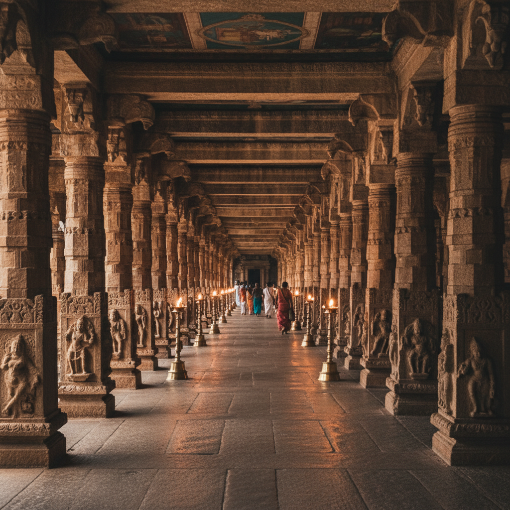 Ramanathaswamy Temple long corridor with ornate stone pillars stretching into the distance in Rameshwaram