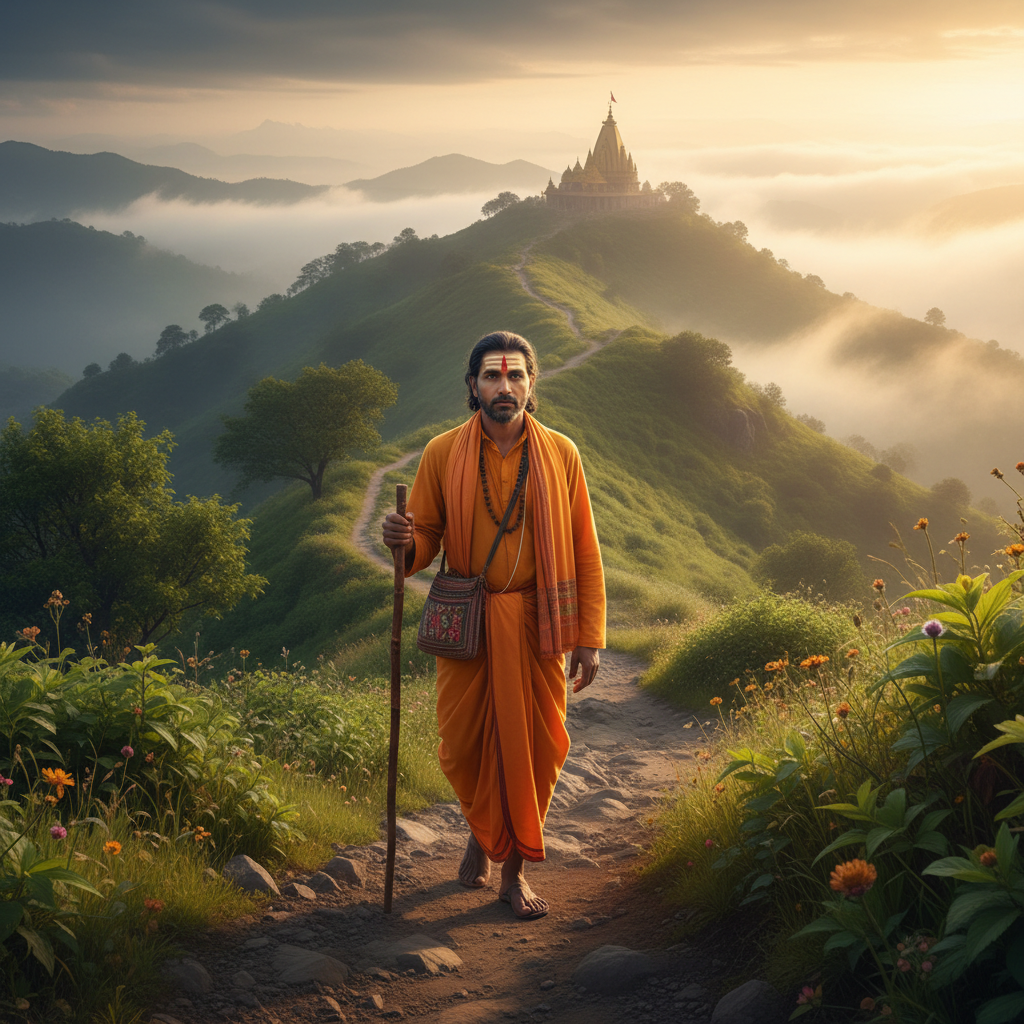 Solo Hindu male pilgrim in saffron dhoti walking on a mountain path with walking stick toward a temple