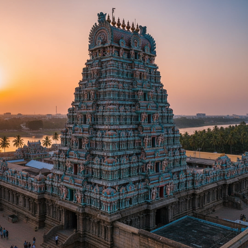 Srirangam Ranganathaswamy temple massive rajagopuram tower rising above the temple complex in Tamil Nadu