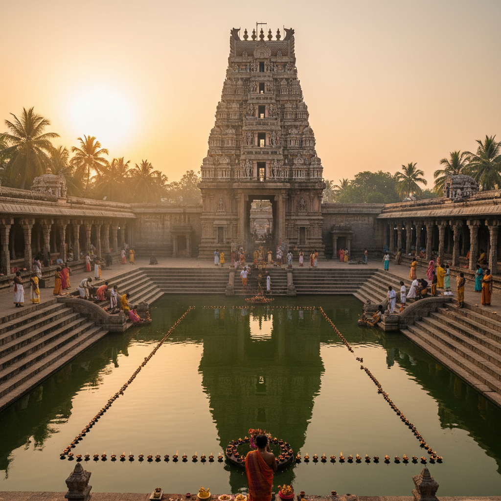 Thirunallar Dharbaranyeswarar temple with devotees performing Shani puja beside the sacred tank in Puducherry