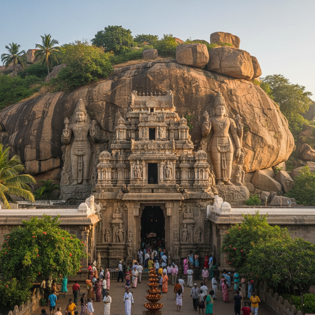 Thiruparankundram rock-cut cave temple carved into granite hill near Madurai with ancient stone sculptures
