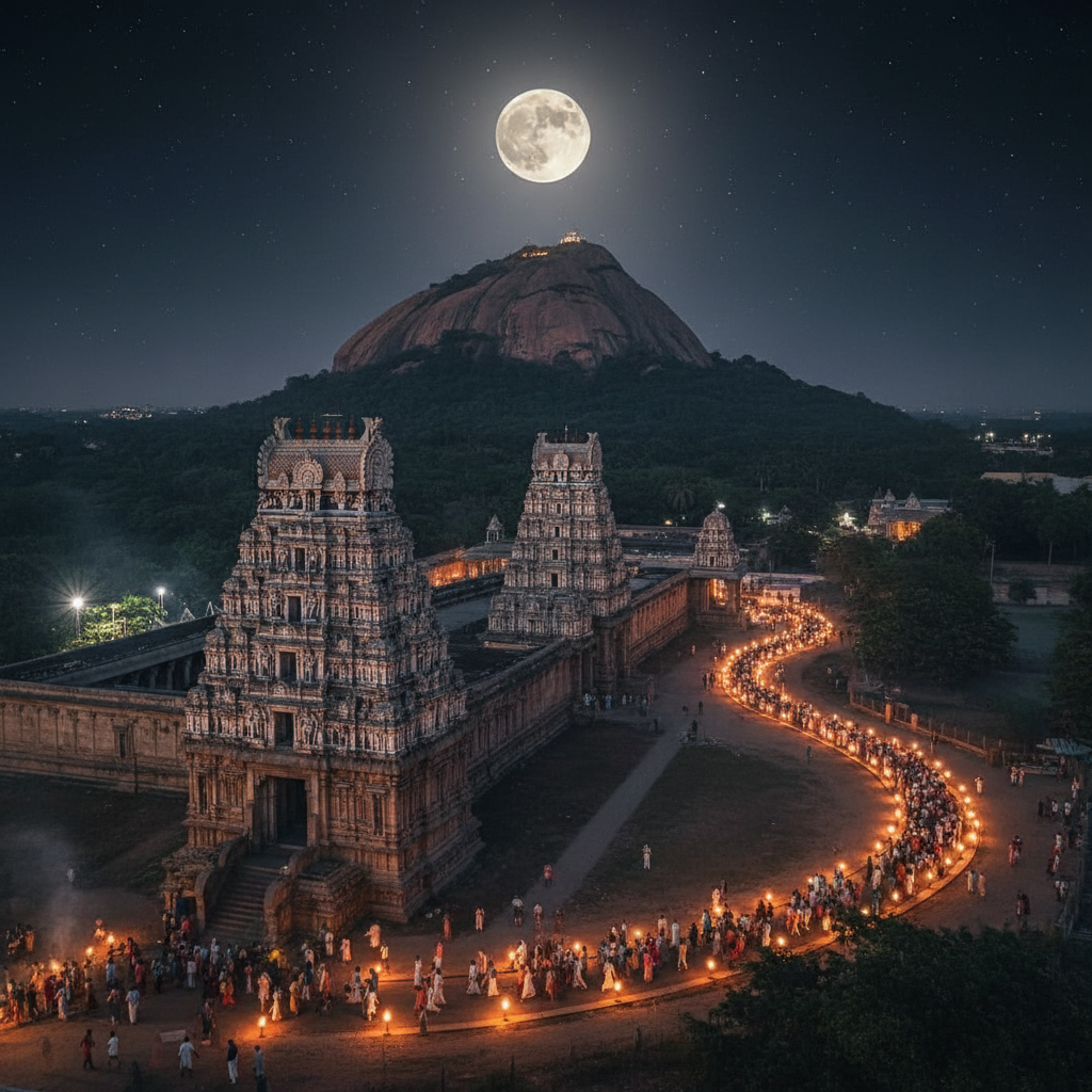 Tiruvannamalai Arunachaleswarar temple with the sacred Arunachala hill rising behind it at dusk in Tamil Nadu